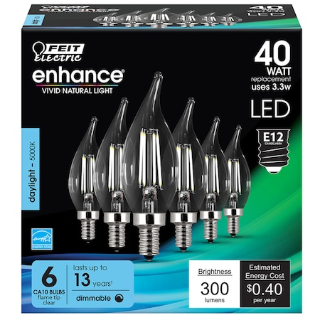Feit Electric Feit Enhance CA10 (Flame Tip) E12 (Candelabra) Filament LED Bulb Daylight 40 Watt Equivalence 6 pk CFC40950CAFIL6